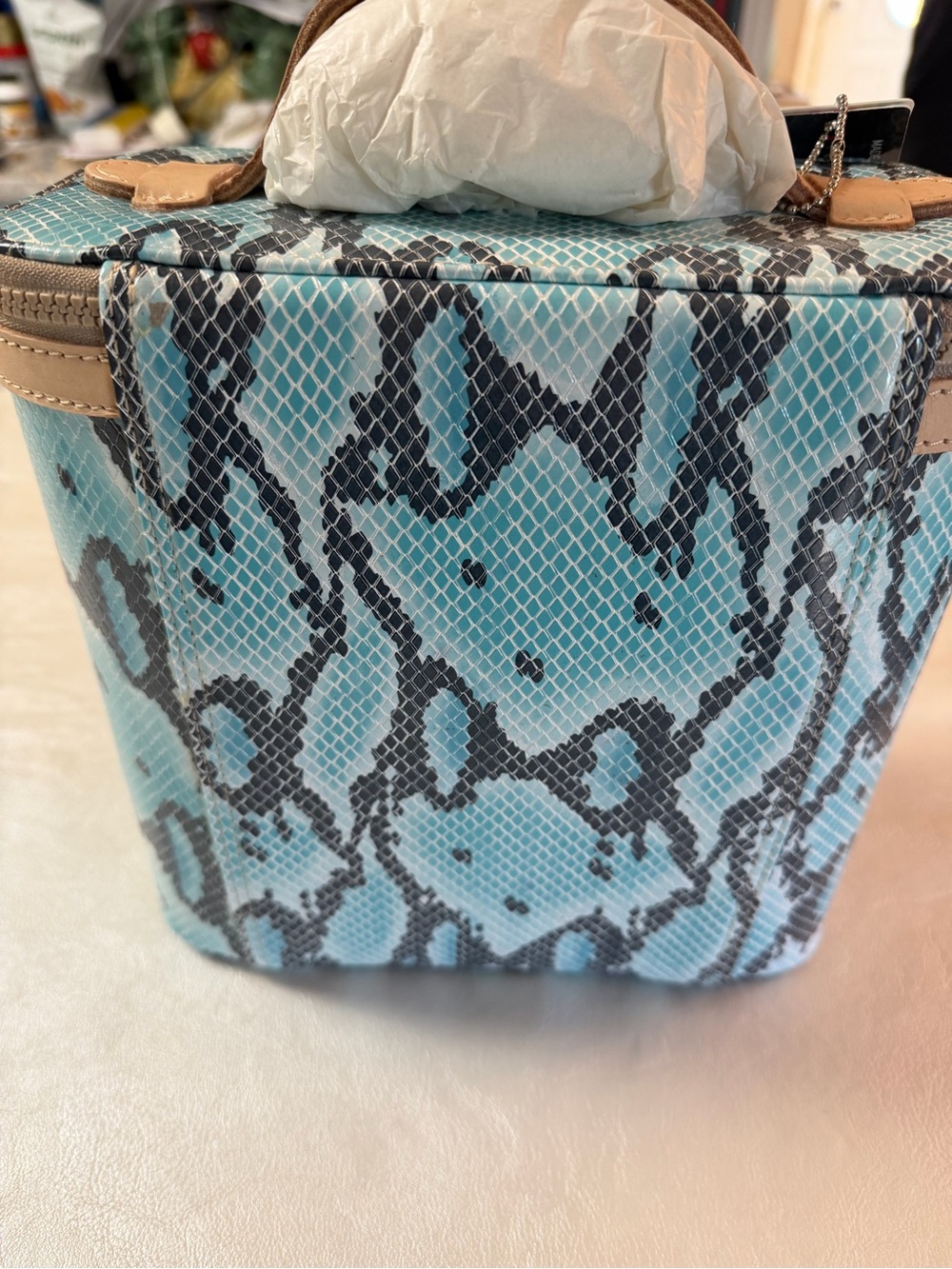 Consuela Turquoise Snake-Print Cosmetic Case with Tan Trim - Picture 3 of 9